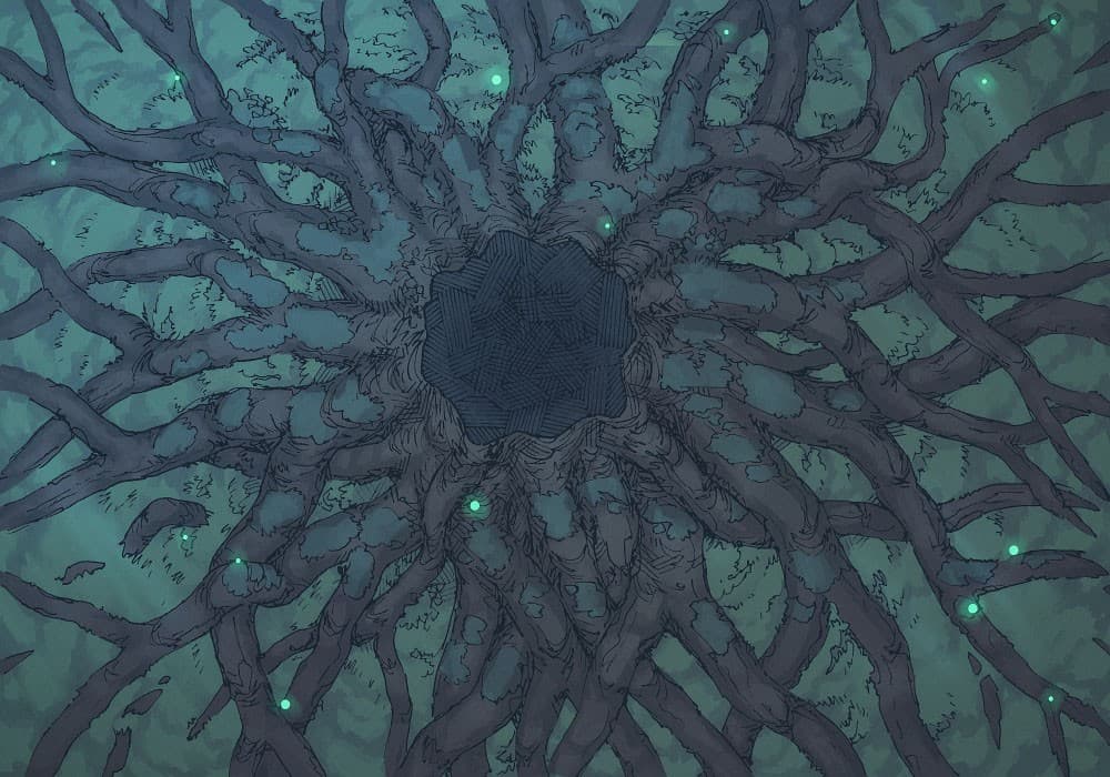Illustration of fantasy tree, roots, fairy lights by 2minutetabletop
