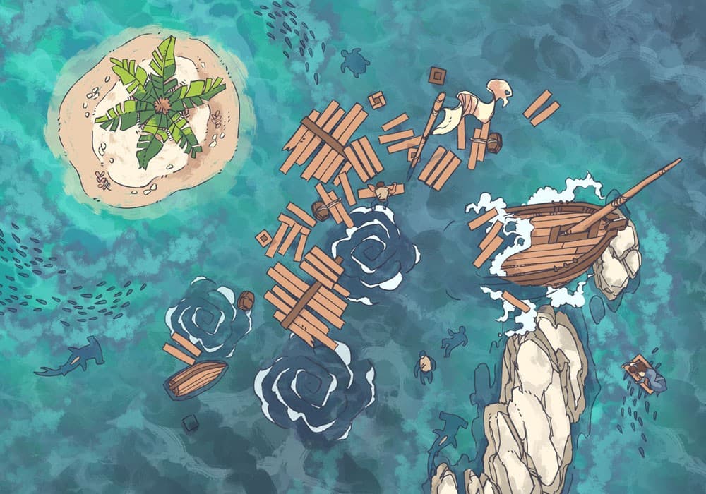 Illustration of fantasy shipwreck, island by 2minutetabletop