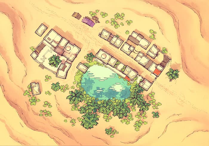Illustration of fantasy oasis, town by 2minutetabletop