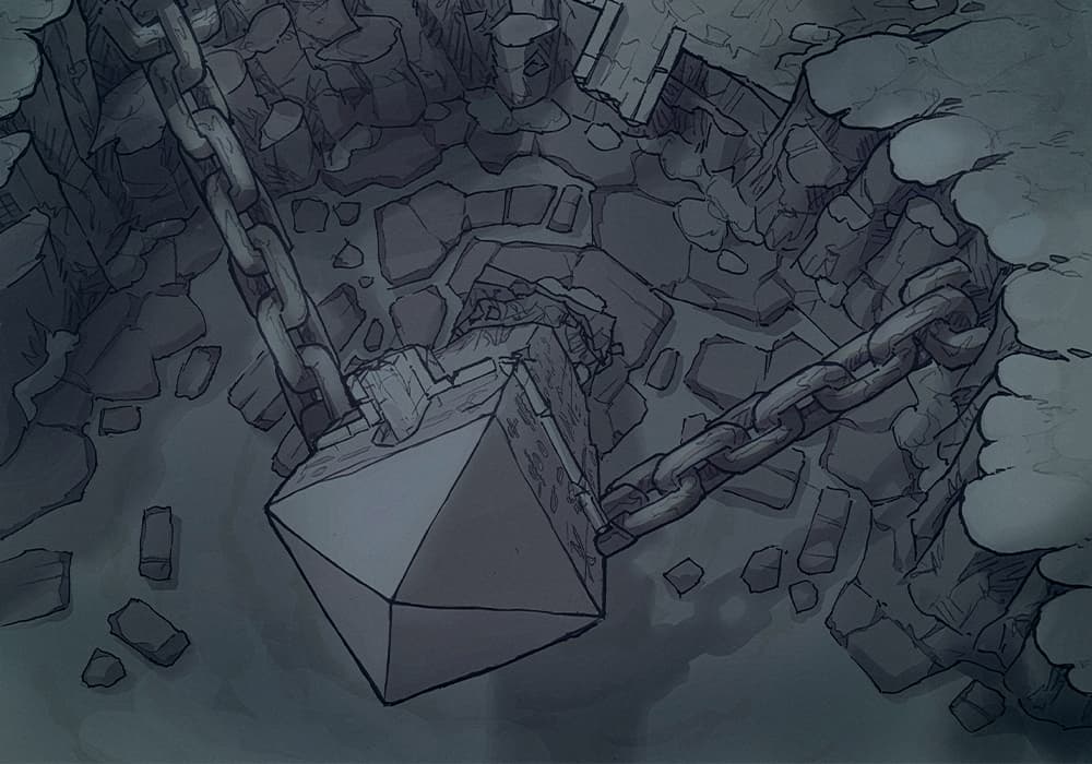 Illustration of fantasy obelisk, chains, gorge, spire by 2minutetabletop