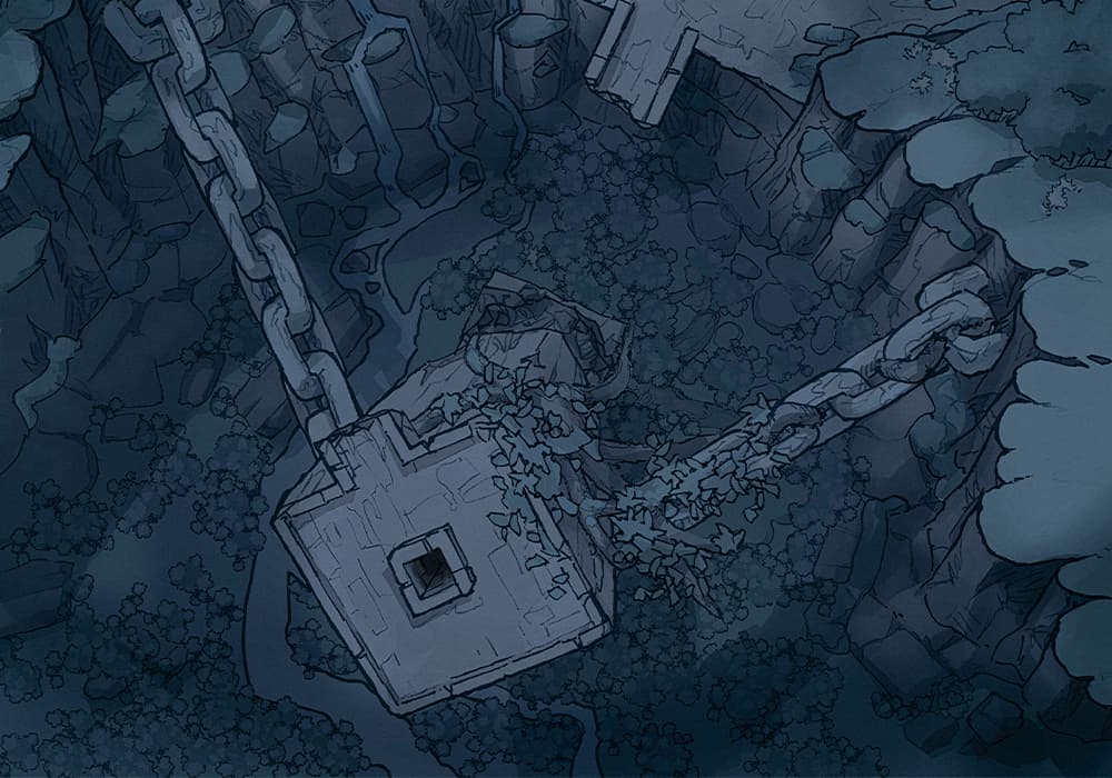 Illustration of fantasy forge, chains, gorge, spire by 2minutetabletop