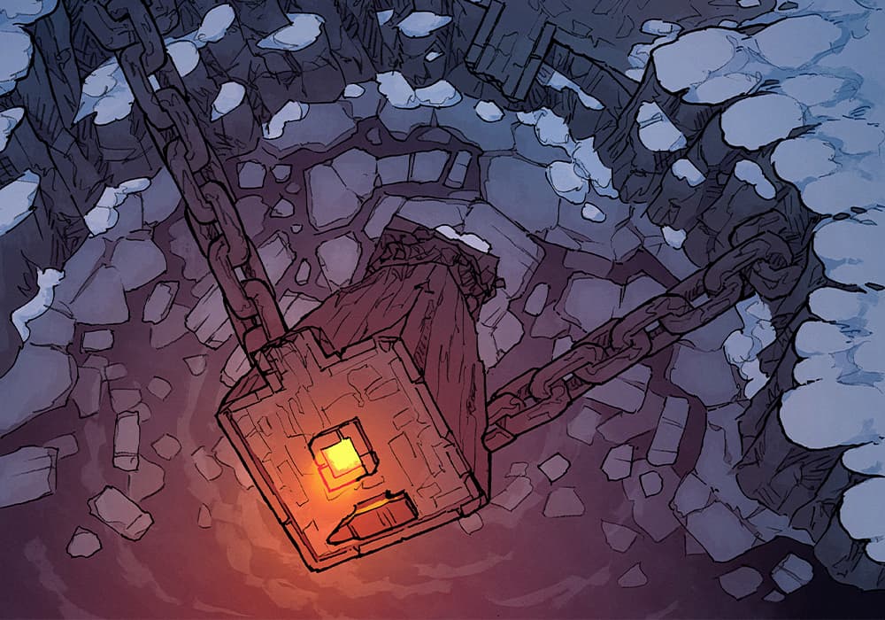 Illustration of fantasy forge, chains, spire, anvil by 2minutetabletop