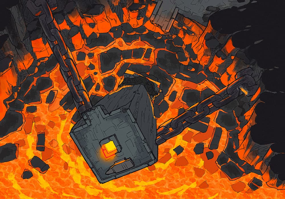 Illustration of fantasy forge, chains, spire, anvil by 2minutetabletop