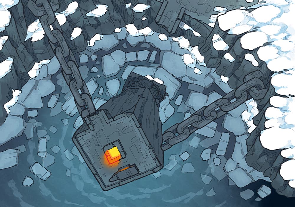 Illustration of fantasy forge, chains, spire, anvil by 2minutetabletop