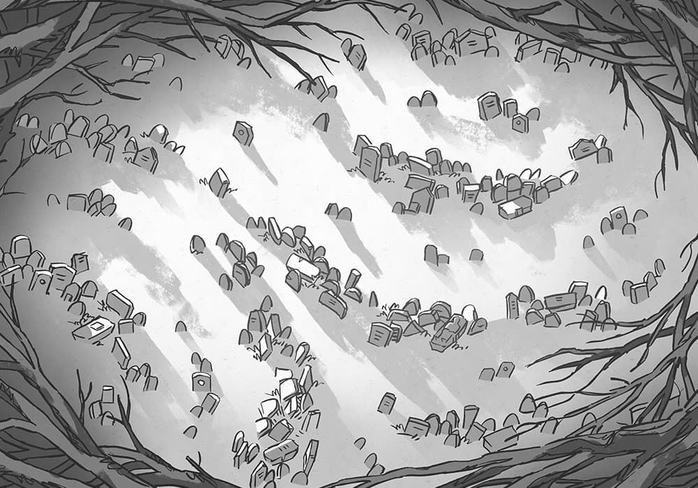 Illustration of fantasy cemetery, tomb, gravestone by 2minutetabletop