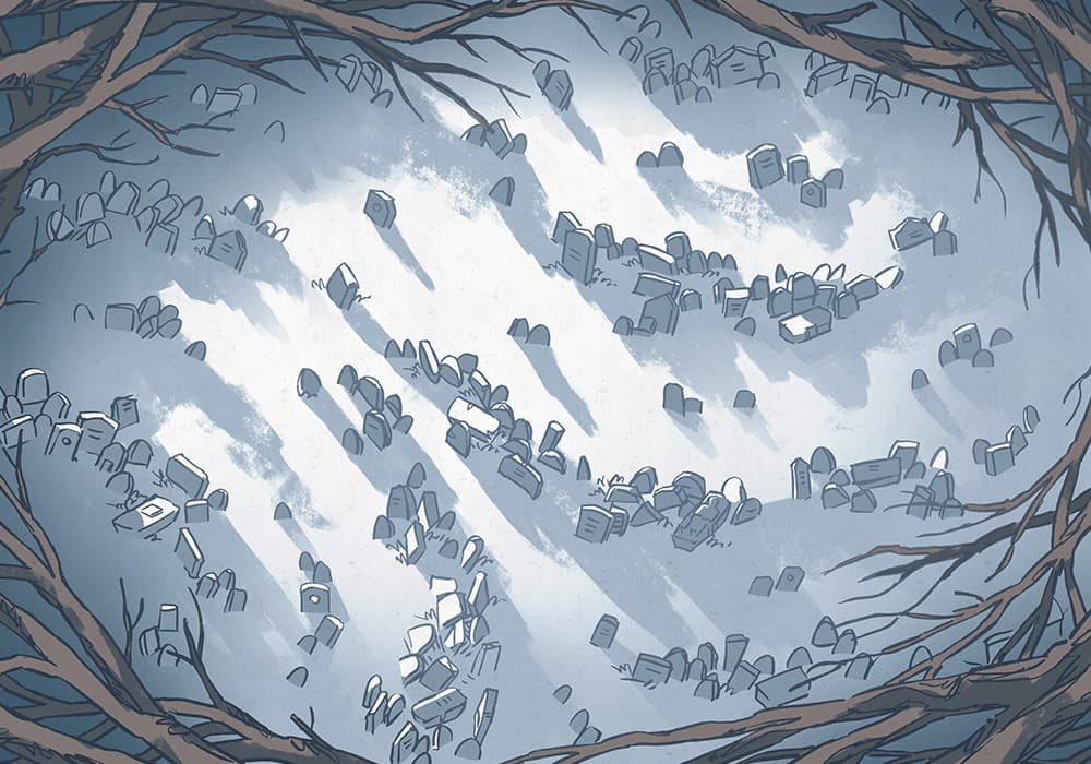 Illustration of fantasy cemetery, tomb, gravestone by 2minutetabletop