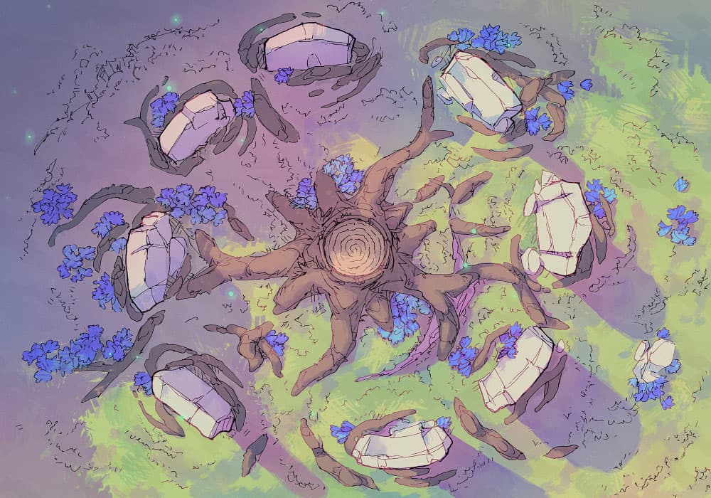Illustration of fantasy menhir, circle, stump by 2minutetabletop