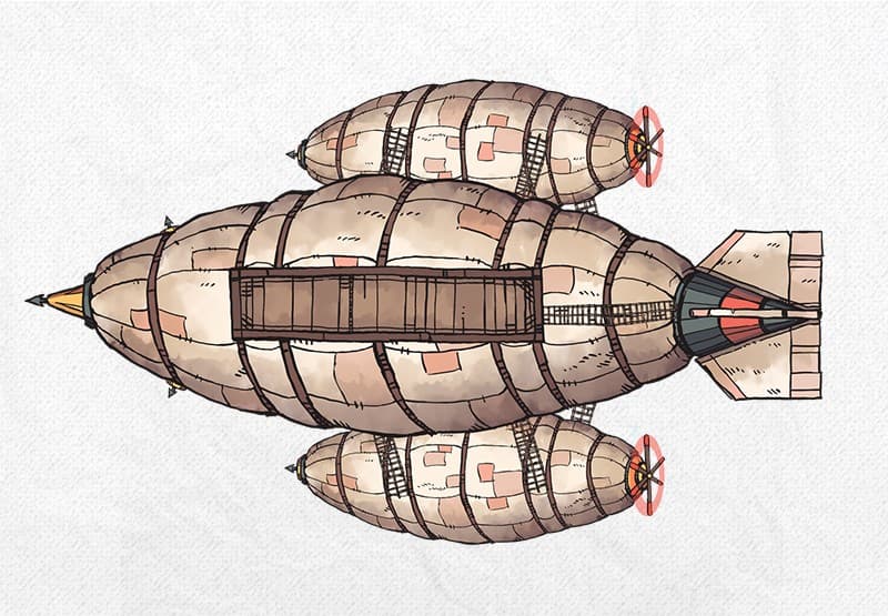 Illustration of fantasy airship, zeppelin by 2minutetabletop