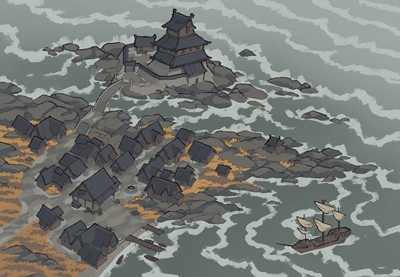 Illustration of fantasy castle, harbour by 2minutetabletop