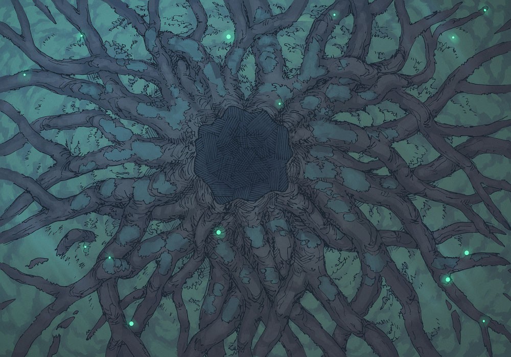 Illustration of fantasy tree, roots, fairy lights by 2minutetabletop