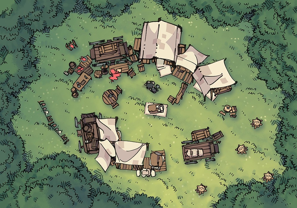 Illustration of fantasy tent, camp, clearing by 2minutetabletop