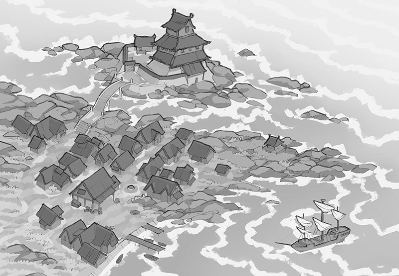 Illustration of fantasy castle, harbour by 2minutetabletop