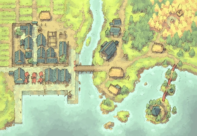Illustration of fantasy harbour, house, town by 2minutetabletop
