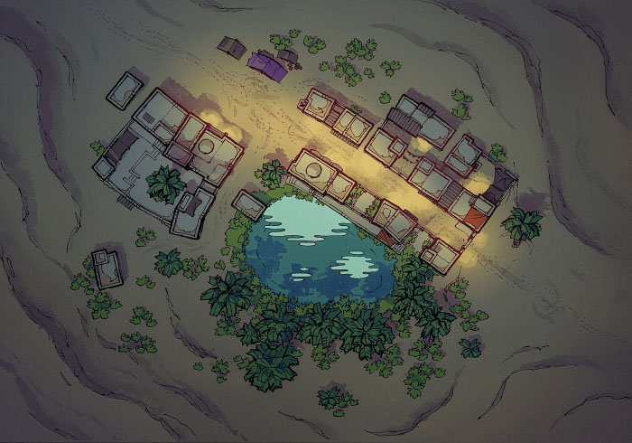 Illustration of fantasy oasis, town by 2minutetabletop