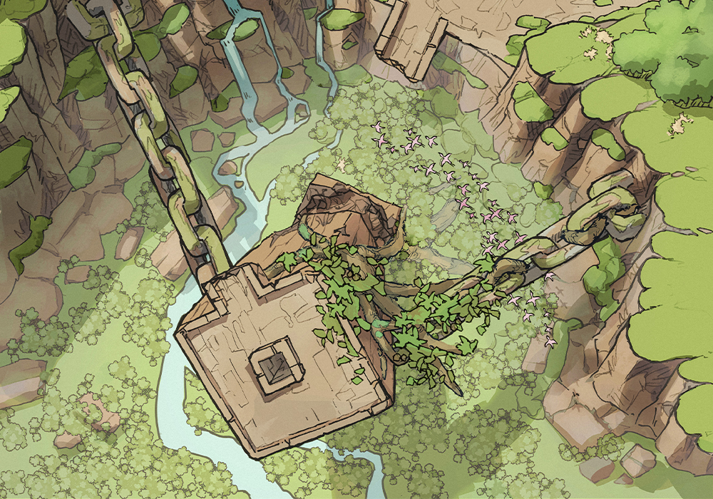 Illustration of fantasy forge, chains, gorge, spire by 2minutetabletop