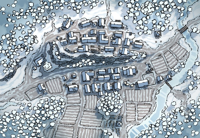 Illustration of fantasy town, village, farm, river by 2minutetabletop
