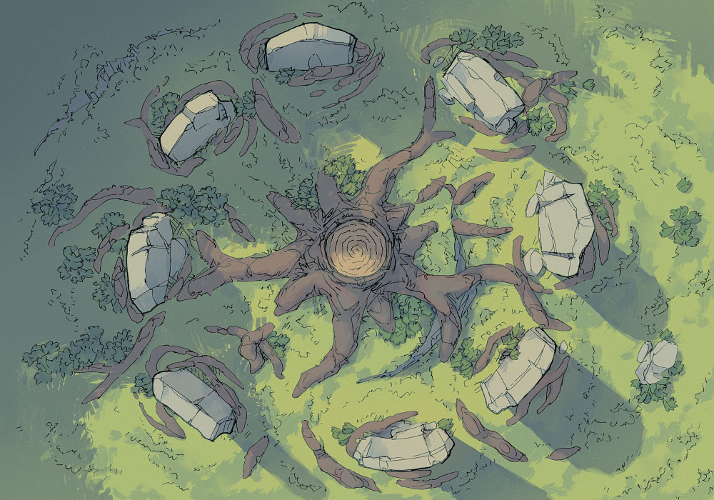 Illustration of fantasy menhir, circle, stump by 2minutetabletop